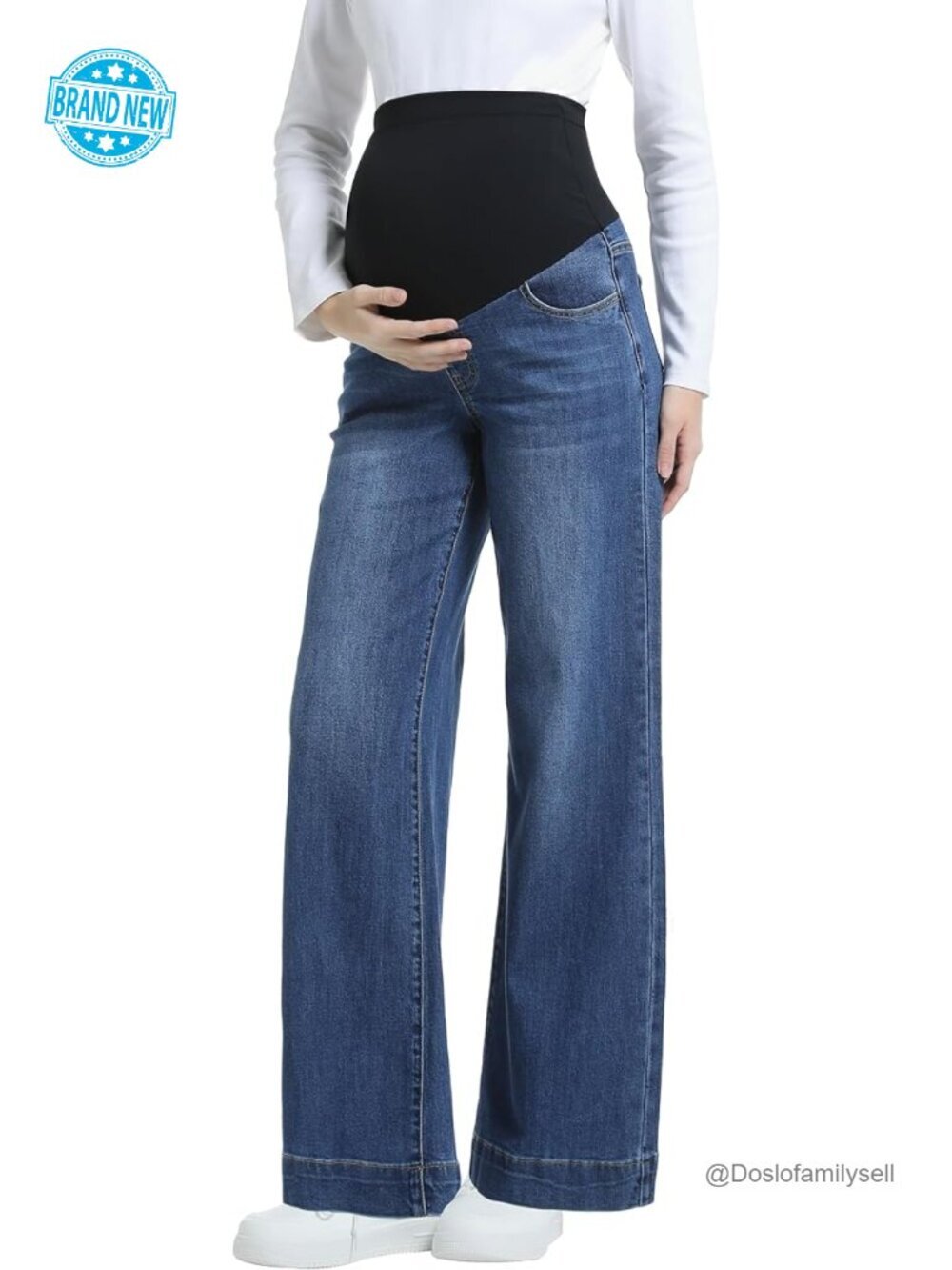 Maternity Wide Leg Jeans Over The Belly Support Stretch Denim with Pockets